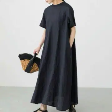 [새상품급] 카구레 A라인 린넨 원피스 턱 워셔블 블랙 F
