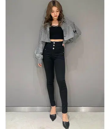 GYDA 하이웨스트 크로스 스키니 데님 팬츠 BK