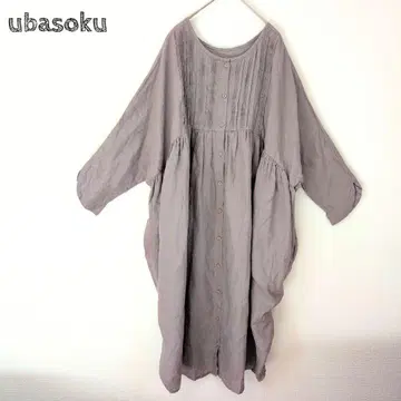 ubasoku 핀턱 코쿤 원피스 린넨 100% 롱 7부 소매