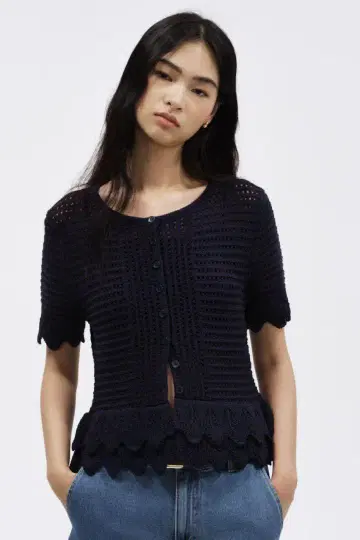 H&M 크로셰 스타일 카디건 네이비 S 페플럼 반소매 남색