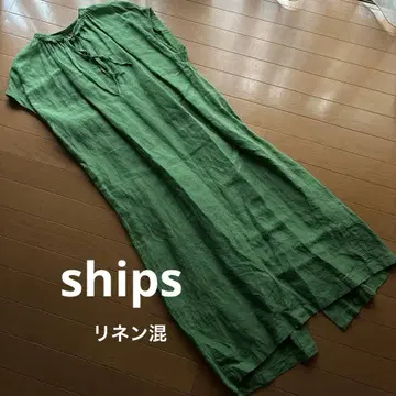 ships 린넨 혼방 그린 컬러 슬리브리스 롱 원피스
