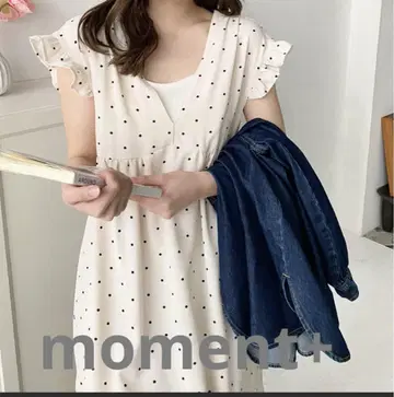 moment 모먼트 도트 & 하트 프린트 백리본 원피스 도트