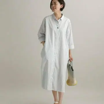우타오 스트라이프 롱 셔츠 원피스 반소매 흰색 검정