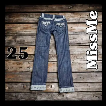 A728 MissMe 스트레이트 데님 데미지 가공 블루 25 스컬 패턴
