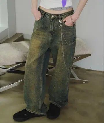 오로라 라인스톤 장식 빈티지 루 데님 팬츠
