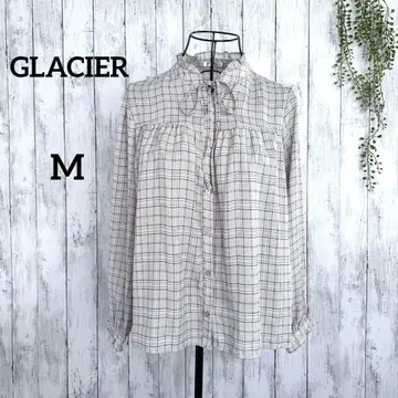 그라시아 블라우스 M 베이지 계열 체크 프릴 장소 리본