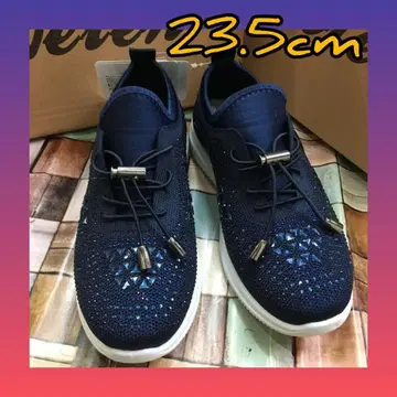23.5cm 여성용 신품 넓은 폭 비즈 장식 슬리퍼 스니커즈 네이비