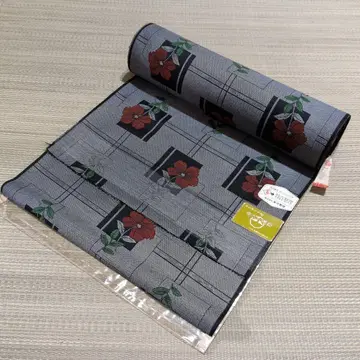 기모노 옷감 앙상블 울 혼방 그레이 블랙 빨간색 꽃무늬 올 패턴