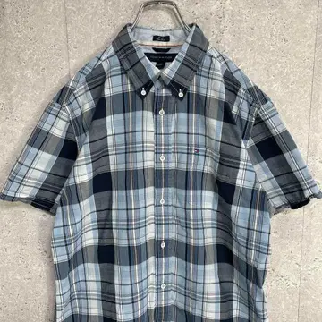 TOMMY HILFIGER 체크 셔츠 가슴 포켓 반팔 셔츠 구제 의류 L