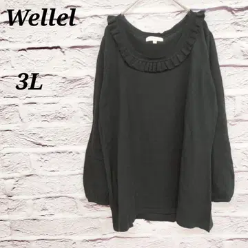 Wellel [3L] 빅 사이즈 긴팔 니트 체크 프릴 블랙