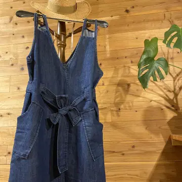 미품 데님 캐미 원피스 허리 리본 장식 M