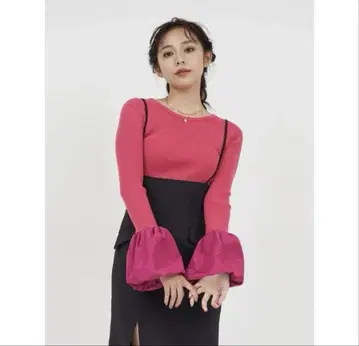 로열 파티 소매 끝 부분 다른 소재 리브 니트 핑크