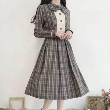 요크 전환 보타이 체크 원피스 핀트