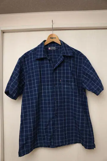 CHAPS RALPH LAUREN 네이비 체크 패턴 반팔 셔츠 M