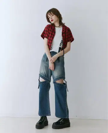 Jouetie 컬러 스티치 컴팩트 지퍼 셔츠 빨강