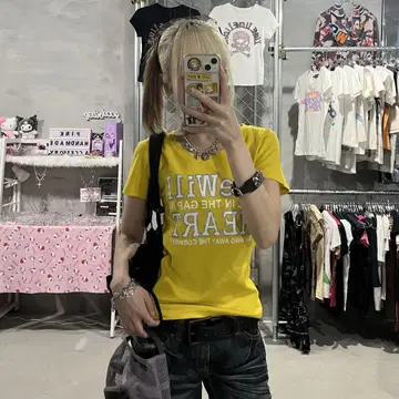 피치 티셔츠 Y2K 반짝이는 티셔츠 라메 노란색 반팔 티셔츠 걸리