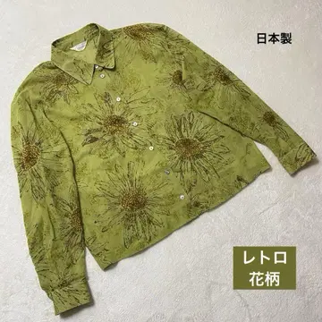 블라우스 긴팔 꽃무늬 올 패턴 카키 면100% 일본제 레트로 보타니컬