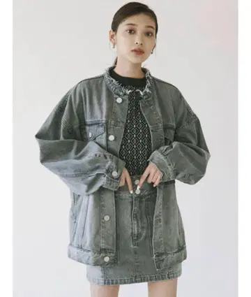 MURUA 오버 루즈 노카라 자켓 블랙 데님 미니 스커트