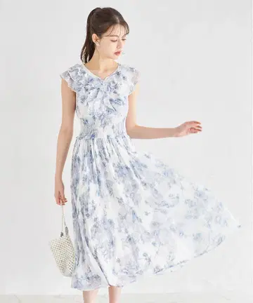 프릴 장식 진주 장식이 있는 허리 시링 꽃 프린트 플리츠 원피스