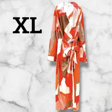 [ XL ] 빨간색 오렌지 추상 패턴 롱 원피스 긴팔 원피스 셔츠