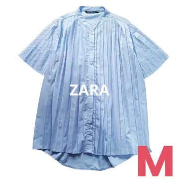 새상품급 ZARA 스탠드 카라 플리츠 블라우스 넉넉한 실루엣 반팔