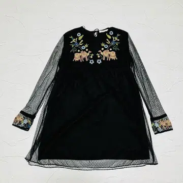 ZARA 자라 시어 플레어 원피스 꽃 동물 자수 소매 시스루 긴팔 S