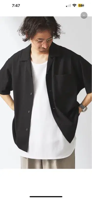 블랙 오픈 카라 셔츠 반팔