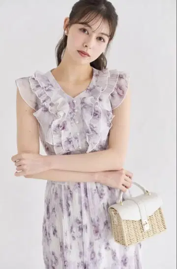 프릴 펄 장식 허리 셔링 플라워 프린트 플리츠 원피스