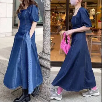 ZARA 데님 롱 원피스 볼륨 소매 스퀘어 네크라인