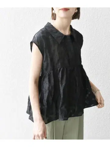 새상품급 SHIPS any: 시어 자카드 프렌치 슬리브 페플럼 셔츠