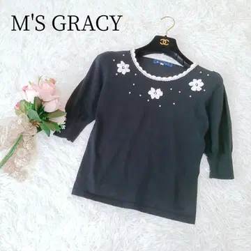 [M'S GRACY 엠즈 그레이시] 꽃무늬 티셔츠 펄 프릴 블랙