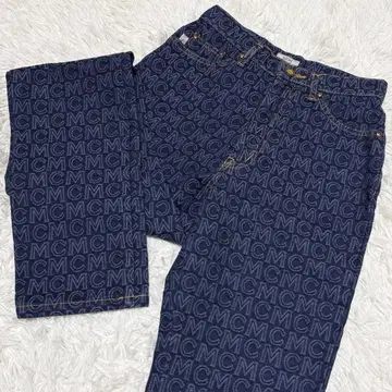 미품 MCM 희귀 진 로고 전체 패턴 S 금색 버튼 가죽 패치 스트레이트
