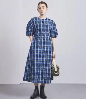 UNITED ARROWS 체크 롱 원피스 반팔 플레어