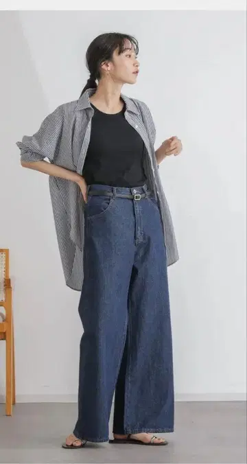 나노 유니버스 하이웨스트 와이드 데님 팬츠 네이비