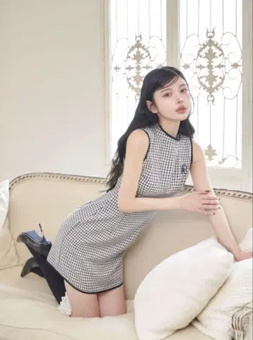 다리치 리치 허리 오픈 체크 미니 원피스