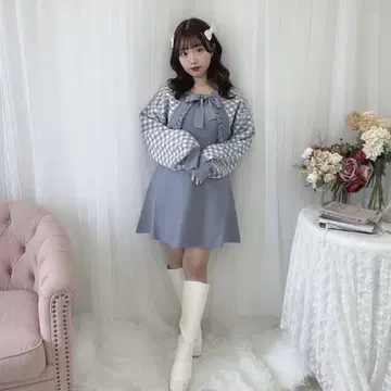 새상품 evelyn 체크 볼레로 니트 OP 블루