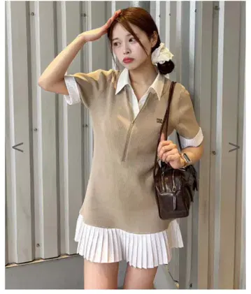 NICE CLAUP 반소매 플리츠 원피스 베이지