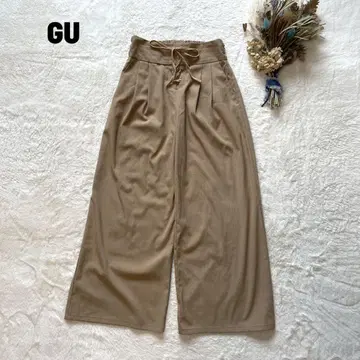 GU 지유 허리 레이스업 와이드 팬츠 하이웨스트 슬림 레그 [M]
