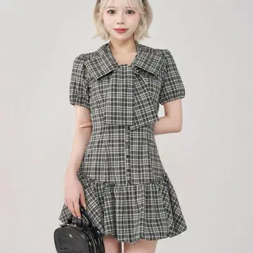 다리치 빅 리본 벌룬 체크 미니 원피스 블랙