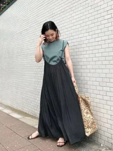 UNITED ARROWS 개더 플리츠 롱 스트랩 스커트