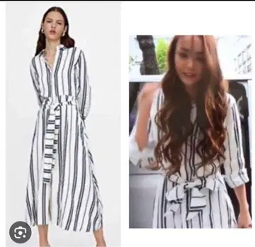 미품 ZARA 스트라이프 롱 원피스 리 혼방 리본 벨트 A라인