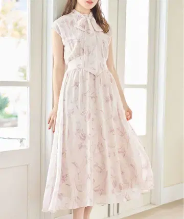 tocco closet 리본 장식 허리 리본 꽃 프린트 시어 원피스