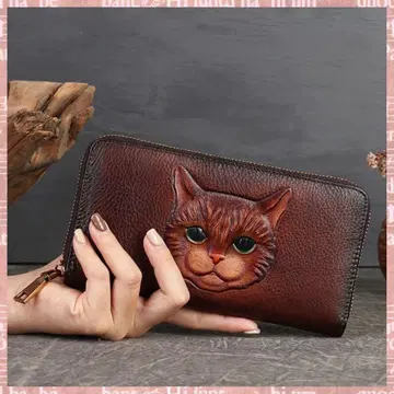 고양이 장지갑 천연 가죽 소가죽 갈색 브라운 지퍼 대용량