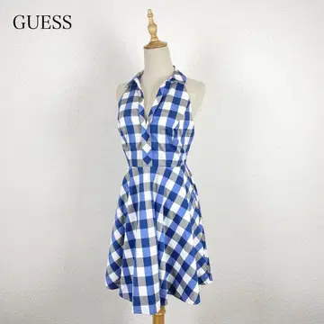 GUESS 슬리브리스 뒤트임 체크 원피스