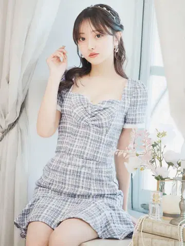 [미사용 새상품] Jewels 셋업 체크 트위드 미니 드레스 L 사이즈