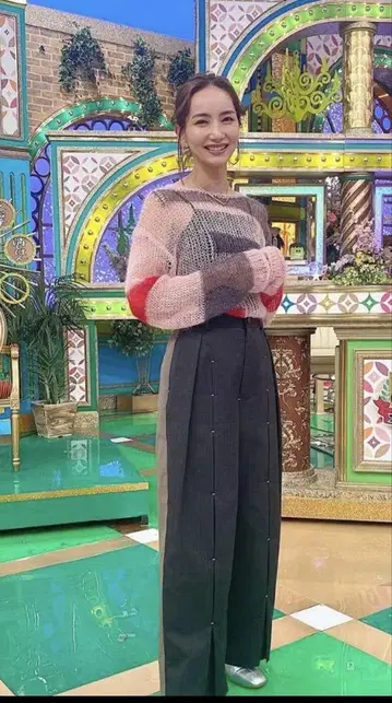 소독 패치워크 니트 톱 핑크