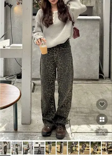 레오파드 패턴 데님 팬츠