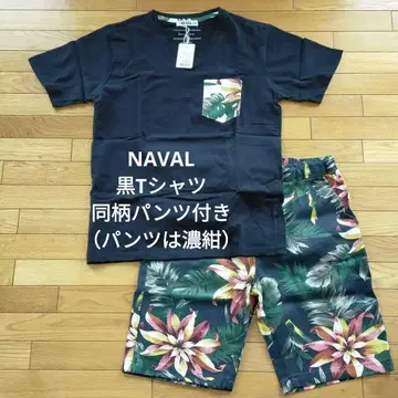 NAVAL V넥 블랙 T셔츠와 꽃무늬 숏팬츠 세트