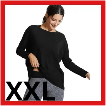 장소매 티셔츠 검정 (XXL) 요가 편안한 캐주얼 유기농