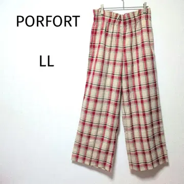 PORFORT 포르포르트 허리 프릴 와이드 팬츠 체크 패턴 빨강 LL